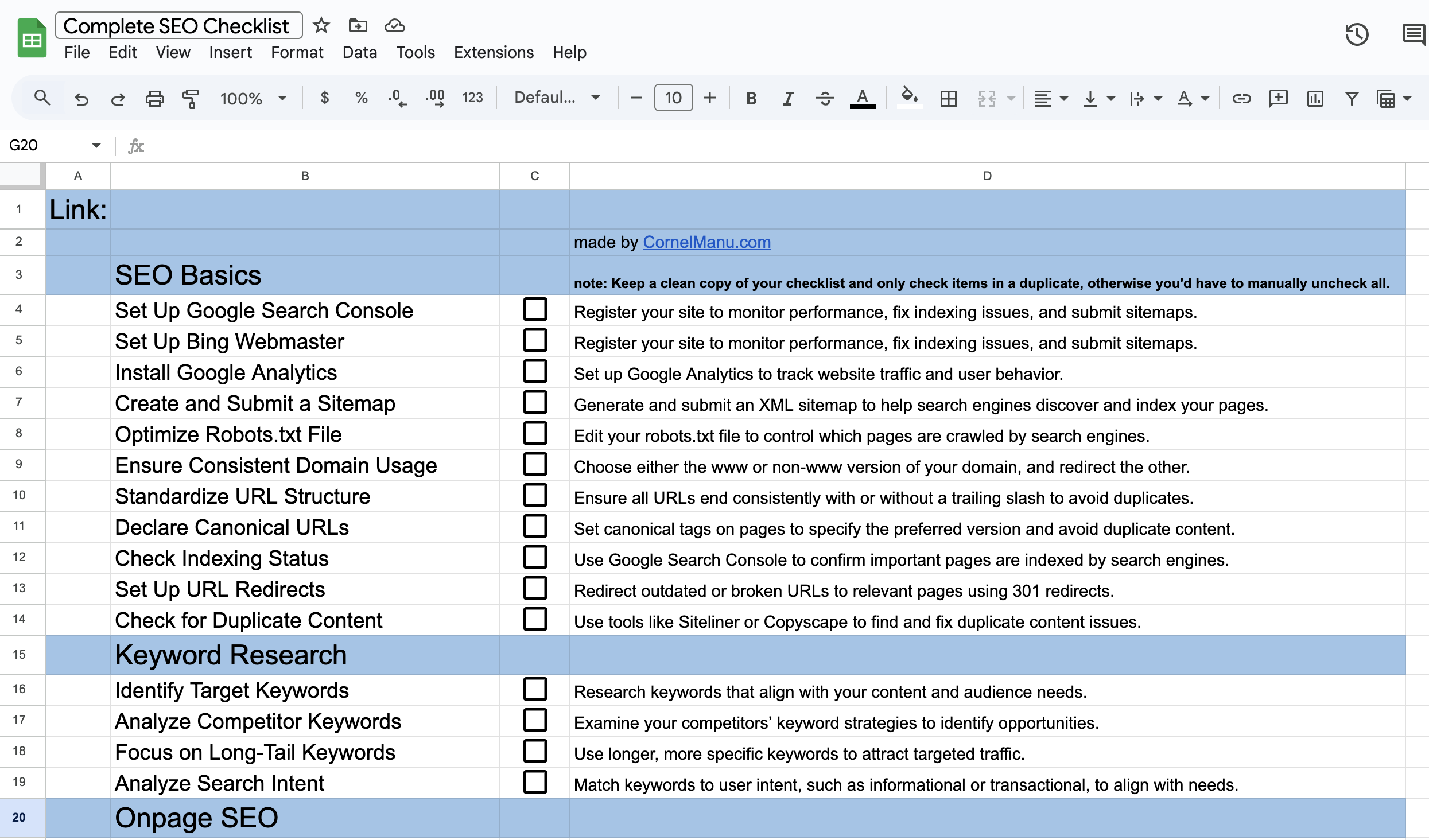 Free Comprehensive SEO Checklist Template Excel