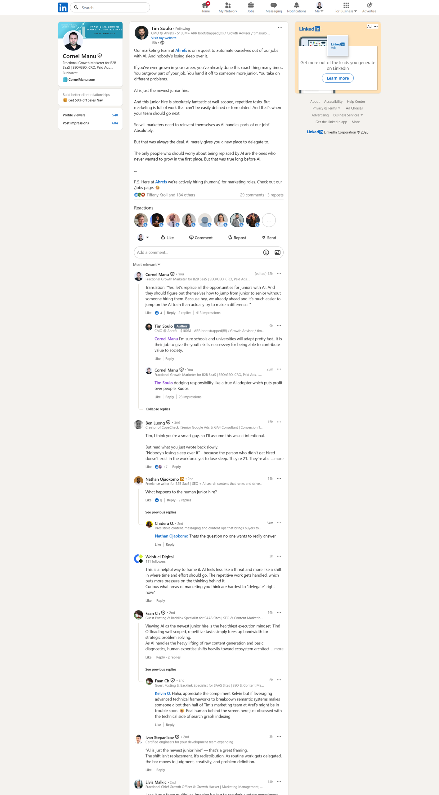 Tim Soulo from Ahrefs blatantly posting on LinkedIn that he plans to replace junior marketers with AI. Cornel Manu replies that he is seeking profit and should do better. 